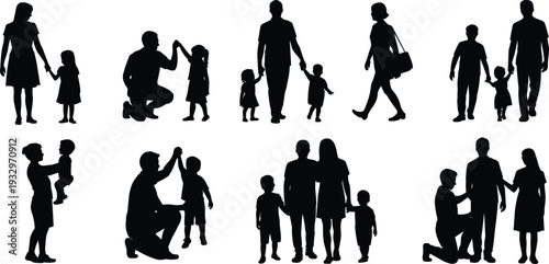 Silhouettes of families holding hands and interacting with children Keywords: silhouette, family, people, child, children