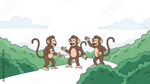 Three happy monkeys stand on a path and interact with each other in a lush green forest under a white cloudy sky.