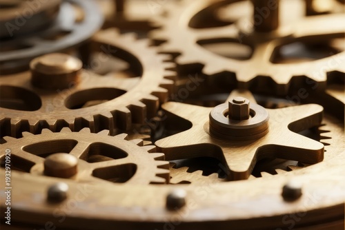 Close-up of interlocking brass gears and mechanical components in a clockwork mechanism