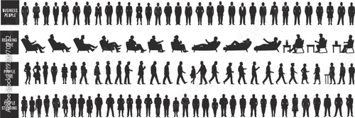 Silhouettes of people in different activities and poses on a white background Keywords: people, silhouette, figures, human