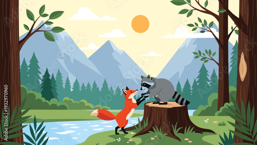 Red fox and a raccoon greet each other while standing on an old tree stump in a beautiful green mountain valley.