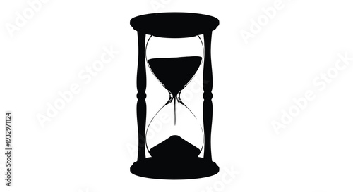 A striking black silhouette depicts an hourglass with sand flowing representing the passage of time and fragility silhouette