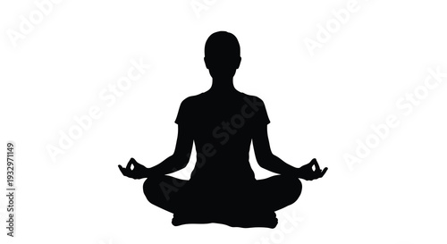 A striking black silhouette depicts a woman peacefully meditating in the lotus position embodying serenity and mindfulness silhouette