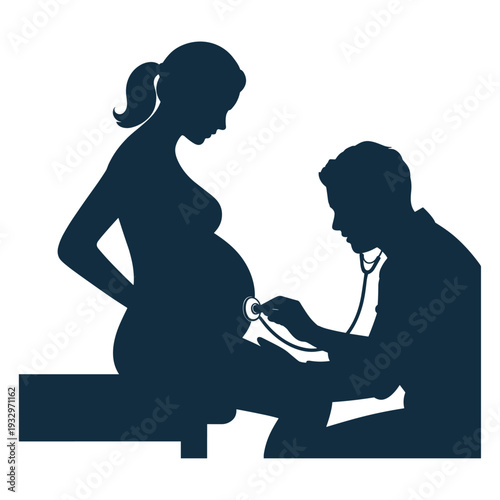 Pregnant Woman Receiving Ultrasound Scan from Doctor Prenatal Medical Checkup Silhouette Vector Illustration Maternity Healthcare Concept