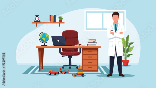 Professional male doctor stands with his arms crossed in a brightly colored pediatric office filled with toys and medical equipment.