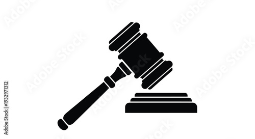 A stark black silhouette of a traditional gavel resting on a sound block representing legal authority and justice silhouette