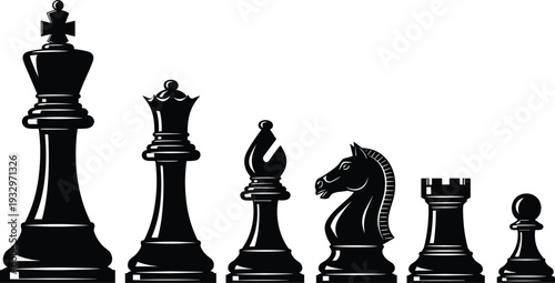 Chess Pieces Silhouette Set Featuring King, Queen, Bishop, Knight, Rook and Pawn Symbols for Strategy, Leadership and Game Concepts Isolated on White Background Vector Illustration