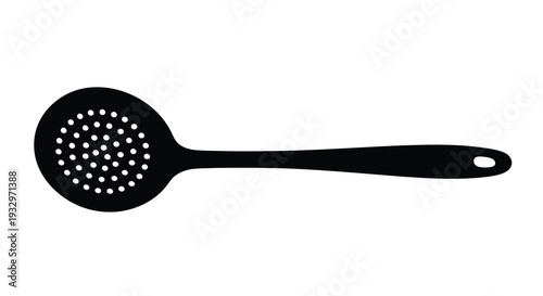 A stark black silhouette of a kitchen skimmer featuring numerous circular perforations against a white background silhouette high quality