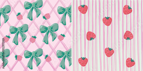 Cute pastel patterns with stripes, bows and strawberries pink