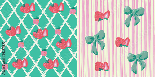 Cute pastel patterns with stripes, bows and strawberries green and pink 