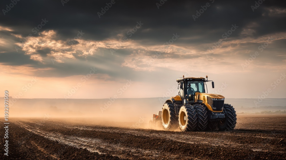 Fototapeta premium Tractor plowing field under cloudy sky