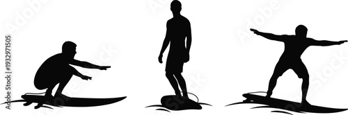 Set of male surfer silhouettes riding waves on surfboards, summer water sports icons, tropical beach vacation vector graphics for surfing.