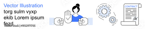 Conflict resolution, negotiation, teamwork, legal agreements, business ethics, arbitration. Woman with hand gesture, handshake gears and contract document. Conflict resolution negotiation concept