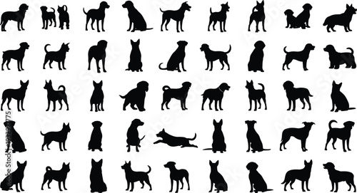 Dog silhouette icon set featuring different breeds, sitting and standing poses, playful and running dogs, pet animal shapes and black vector collection