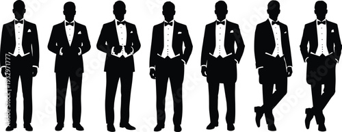 Elegant men in tuxedo silhouettes collection showing formal suit poses for business event and wedding concept vector illustration