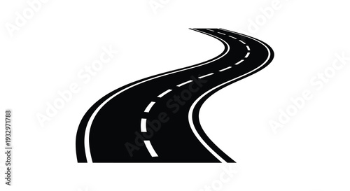 A winding black road with dashed white lane markings curves dynamically against a stark white background silhouette high quality
