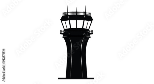 A stark black silhouette of an airport air traffic control tower against a plain white backdrop silhouette high quality