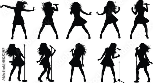 Set of female singer silhouettes performing on stage with microphone