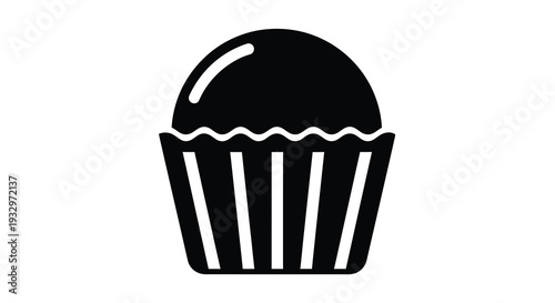 A simple black silhouette depicts a frosted cupcake in a lined paper wrapper showcasing a sweet treat silhouette
