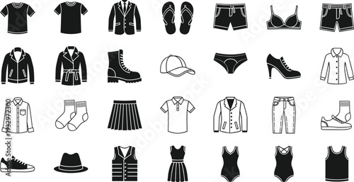 Clothing and fashion icon set, garment vector collection, apparel silhouettes, isolated black outfit symbols, footwear graphics, textile wear icons, shopping,