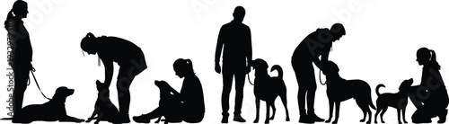 People training and bonding with dogs silhouette, human and pet interaction vector, walking dog, obedience training scene, isolated black graphics,
