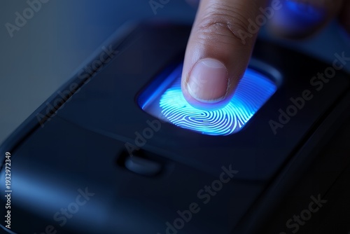 A finger pressing a fingerprint scanner with a blue light on a dark background for secure biometric identification