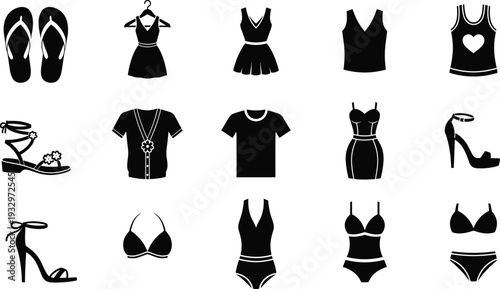 Summer fashion icon set, women's clothing vector collection, beach footwear silhouettes, isolated black apparel symbols, seasonal outfit graphics, shopping icons,