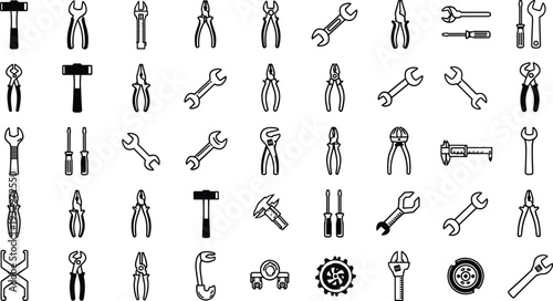 Hand tool silhouette icon set featuring wrench, pliers, hammer, screwdriver, spanner and mechanical repair equipment symbols for construction and maintenance design