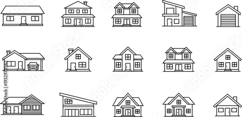 House outline icon set featuring residential homes, modern buildings, garage houses and property architecture symbols in minimal line style vector collection