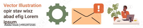 Digital communication, work productivity, notifications, email systems, business efficiency, teamwork. Envelope with alert icon, cogwheel woman at desk. Digital communication and work productivity