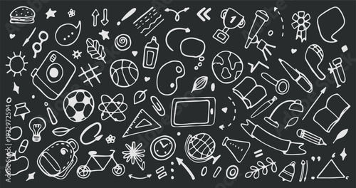White hand drawn doodle set of school and education icons on dark background. Collection includes books, globe, backpack, sports balls, atom, light bulb and stationery. Vector illustration.