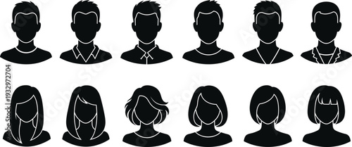 Male and female avatar silhouette icon set showing anonymous people profile heads, user identity symbols, business and social media account illustration