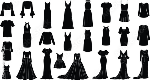 Women's dress silhouette set, evening gown vector icons, fashion apparel collection, elegant female garment silhouettes, isolated black outfit figures, clothing,