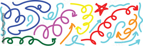 Vibrant colorful swirling abstract shapes and arrows collection