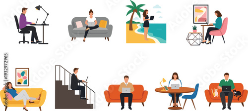 People working remotely in different places, flat vector illustration set showing freelance lifestyle, home office, digital nomads, modern work from anywhere concept