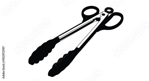 A striking black and white illustration depicts a pair of kitchen tongs showcasing a minimalist silhouette high quality professional