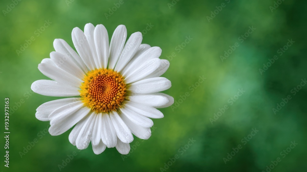 Fototapeta premium A single daisy flower with white petals and a yellow center, set against a blurred green background with a soft focus effect.