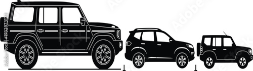 SUV car size comparison vector illustration, off road vehicle silhouettes showing large medium small automobile dimensions isolated on white