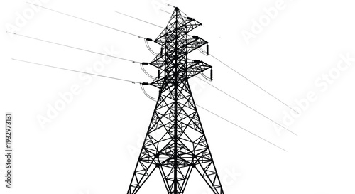 A stark black silhouette of a high voltage transmission tower against a bright white background silhouette high quality professional detailed