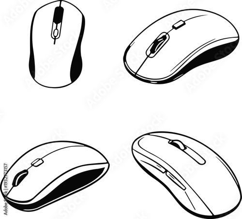 Silhouette computer mice in multiple angles, ergonomic design vector illustration, technology posture art, modern device representation, digital equipment perspective