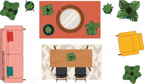 Top view modern living and dining room interior with wooden table, sofa, indoor plants, decorative rug, minimalist furniture flat design illustration