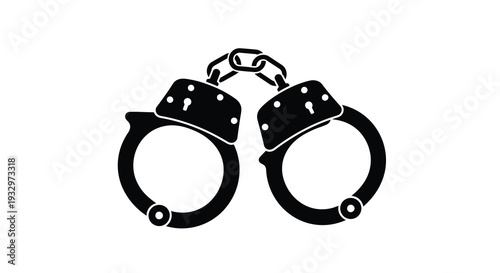 A stark depiction of black handcuffs against a white background conveying themes of restraint and justice silhouette