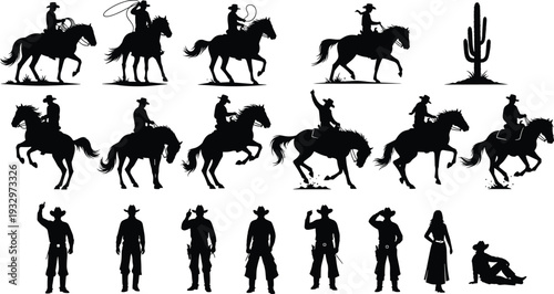 Western cowboy silhouettes riding horses lasso cactus vintage wild west character vector set illustration collection