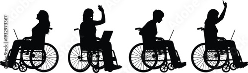 Silhouette individuals in wheelchairs using laptops, accessibility vector illustration, inclusive education design, digital learning posture, modern technology, diversity representation art