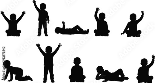 Silhouette children in multiple playful poses, sitting, standing, crawling, lying down vector illustration, childhood posture design, educational gesture art