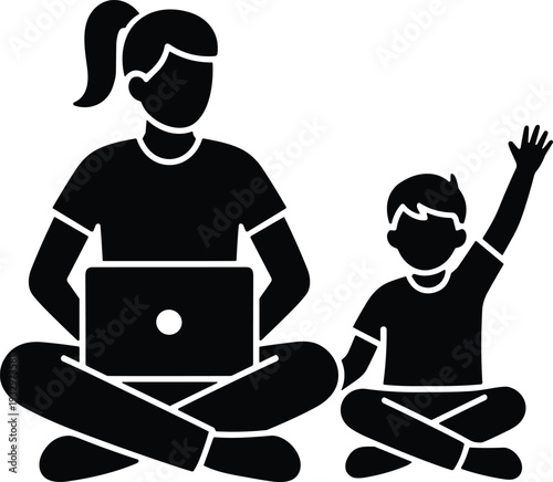 Silhouette adult teaching child with laptop, family learning vector illustration, online education posture, tutoring design, childhood knowledge, modern study interaction