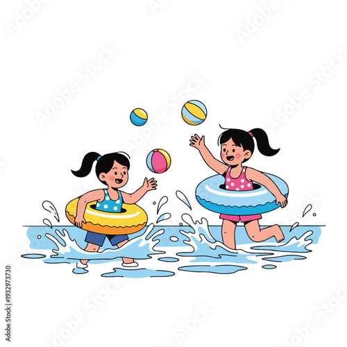 Two young girls play with colorful beach balls while wearing inflatable rings in a pool on a summer day with a fun and carefree atmosphere.