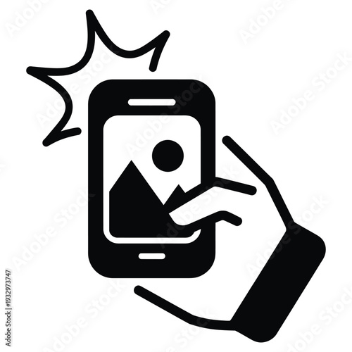 Hand holding smartphone taking photo selfie with camera flash and mountain landscape image on screen vector illustration
