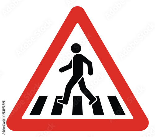 Pedestrian crossing sign warning of crosswalk with person walking symbol on red triangle caution alert symbol safety symbol