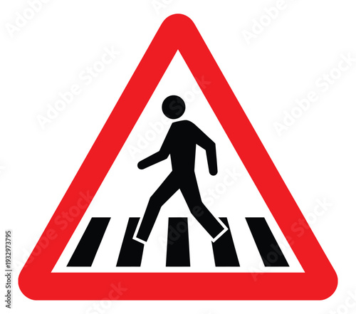Pedestrian crossing sign warning of crosswalk with person walking symbol on red triangle caution alert symbol safety symbol